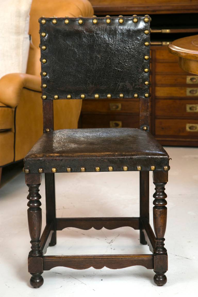 British Colonial Set of Six Antique English Leather Dining Chairs