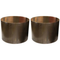Mid-Century Pair of Metal Clad and Patinated Cylinder Tables