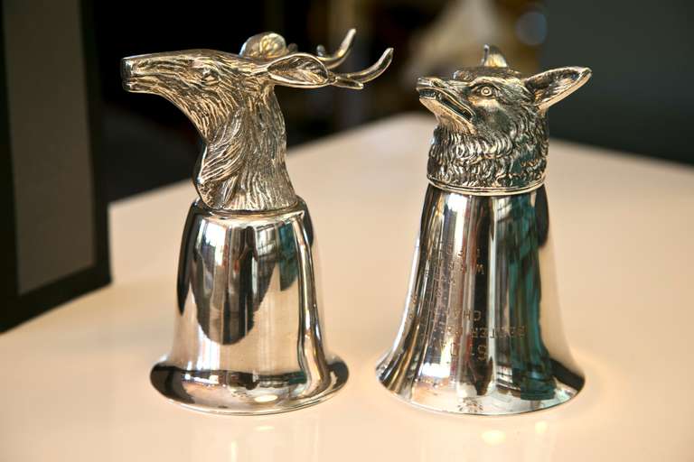 Stirrup Cups are given to departing guests when they have their feet in the stirrups. Either Port or Sherry was traditionally drank prior to the hunt. Originals were early 19th Century. Quality silver-plate. Stag is unmarked. The fox reads: 