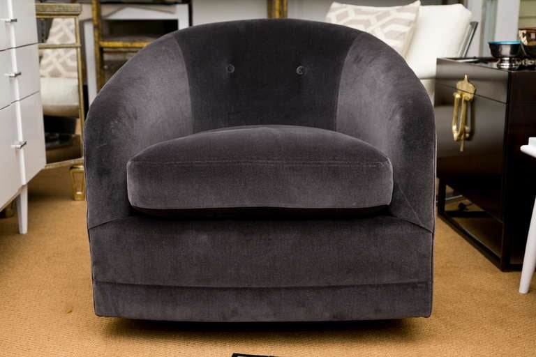 Very comfortable 1960's swivel chair pair custom upholstered in charcoal velvet.