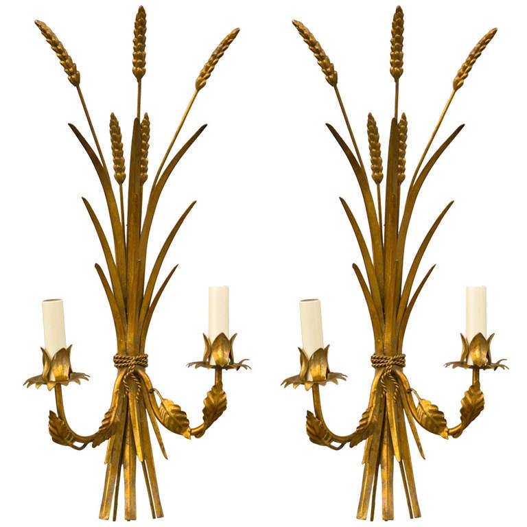 MidCentury Pair of Gilt WheatSheaf Sconces at 1stdibs