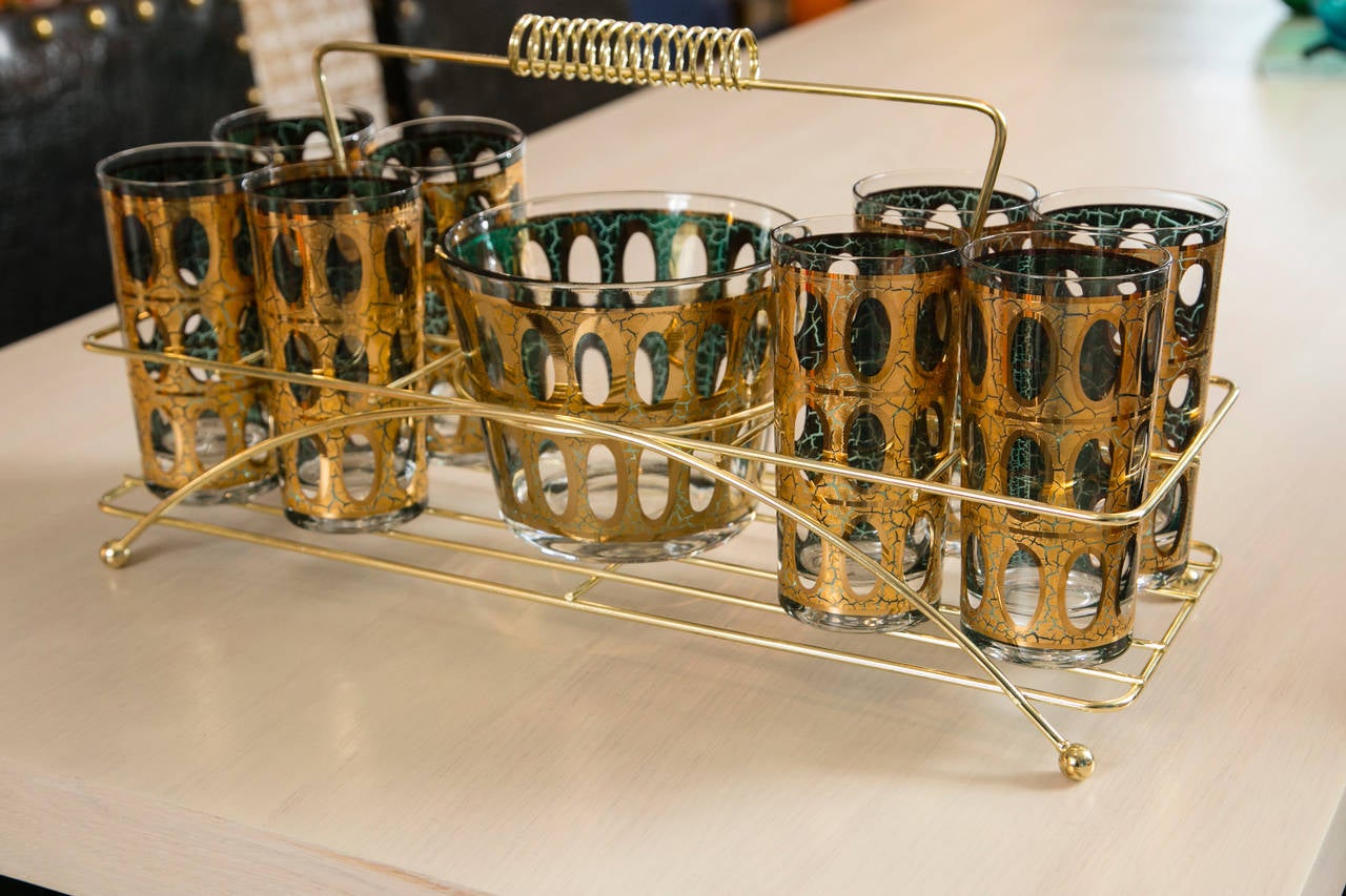 American Mid-Century Gold Foil Glass Set in Holder