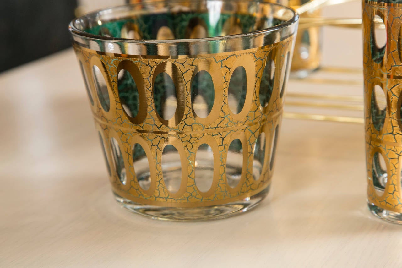 Mid-Century Gold Foil Glass Set in Holder 1