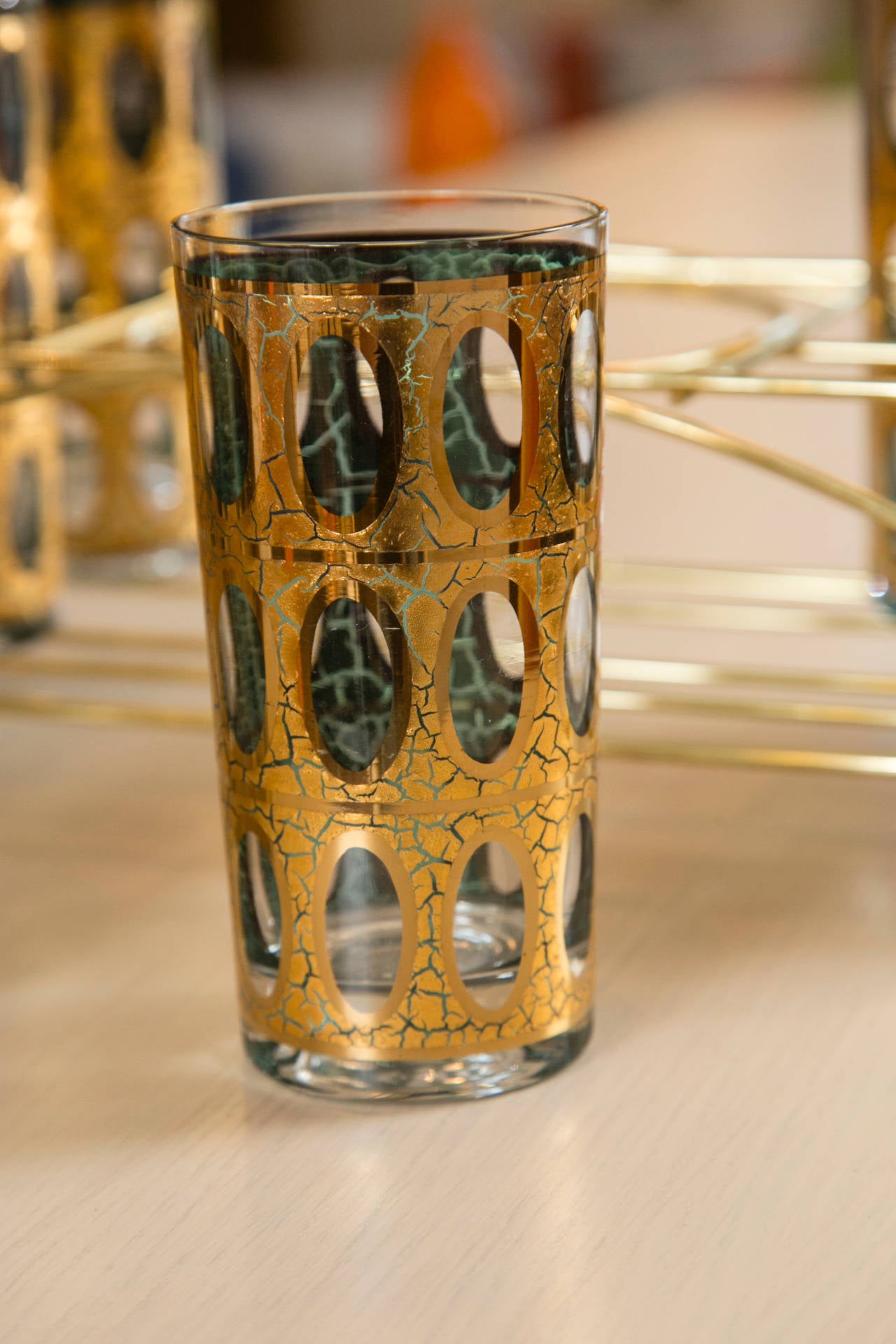 Mid-Century Gold Foil Glass Set in Holder 2