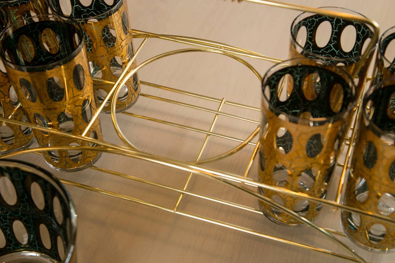 Mid-Century Gold Foil Glass Set in Holder 3