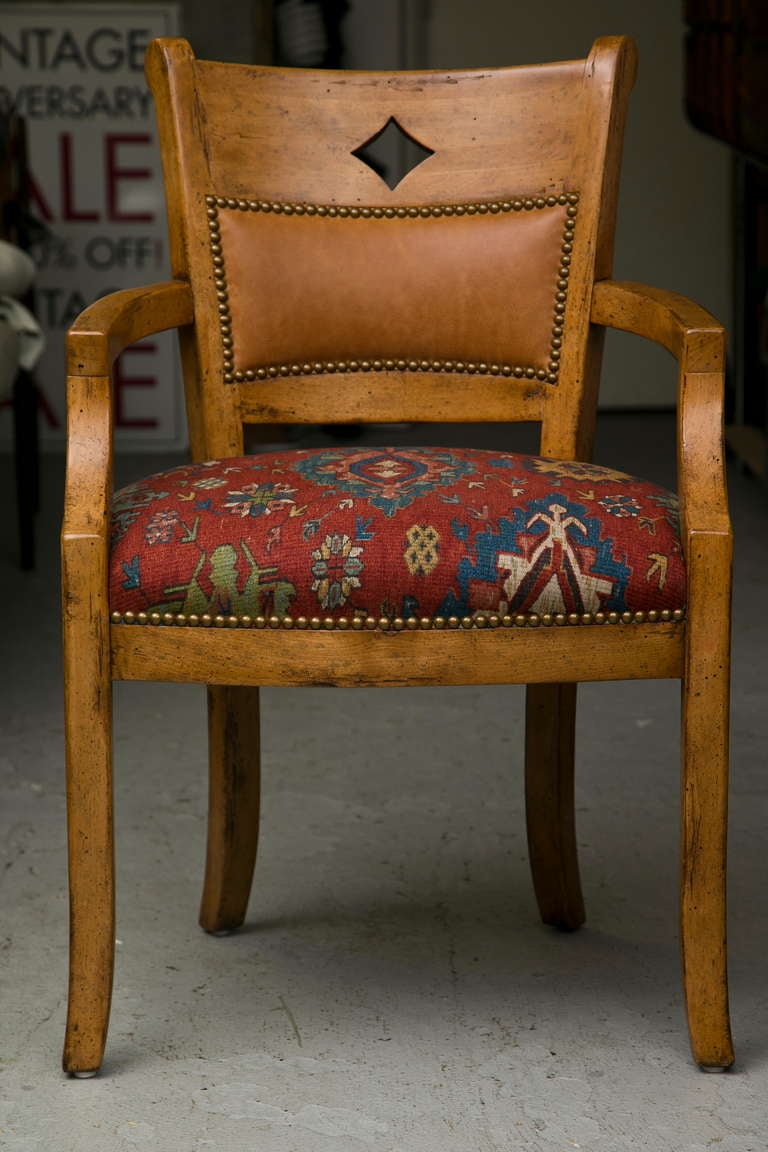 Very solidly crafted set of 6 elm wood chairs with padded leather back cushion, diamond cut out back panel, and nailhead trim. Very high quality manufacture in the manner of Guy Chaddock.