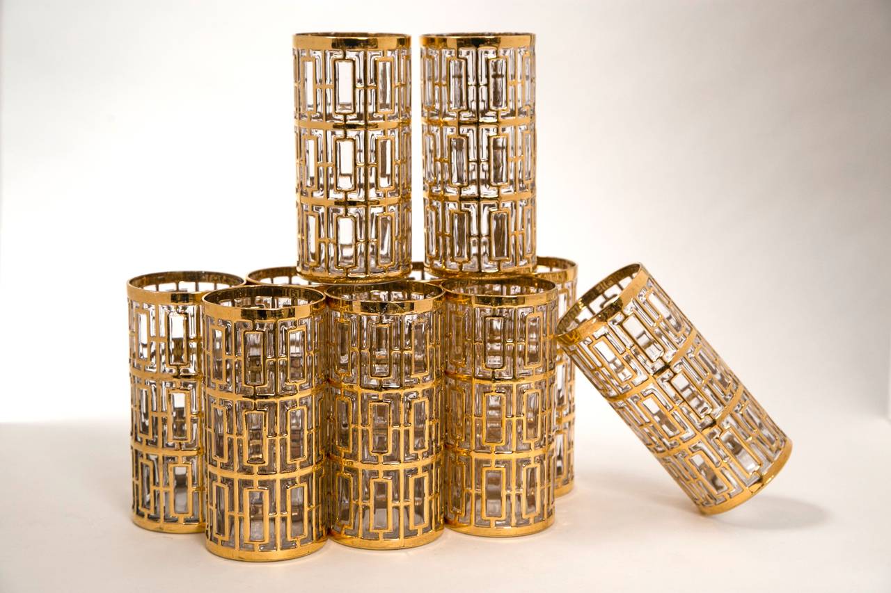Mid-Century Set of Ten Culver Gold Overlay or Hi-Ball Glasses
