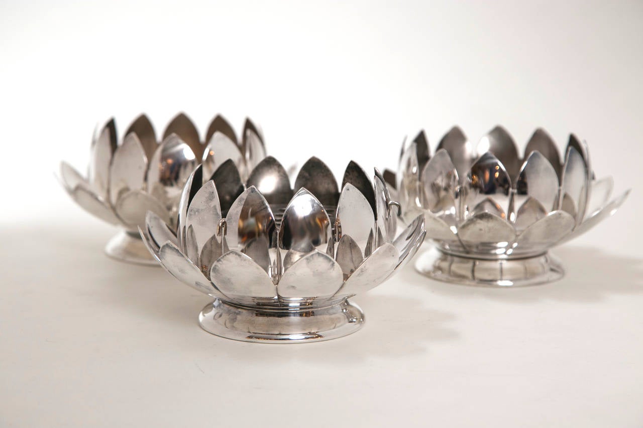 MidCentury Silver Lotus Flower Holders by Reed and Barton For Sale at