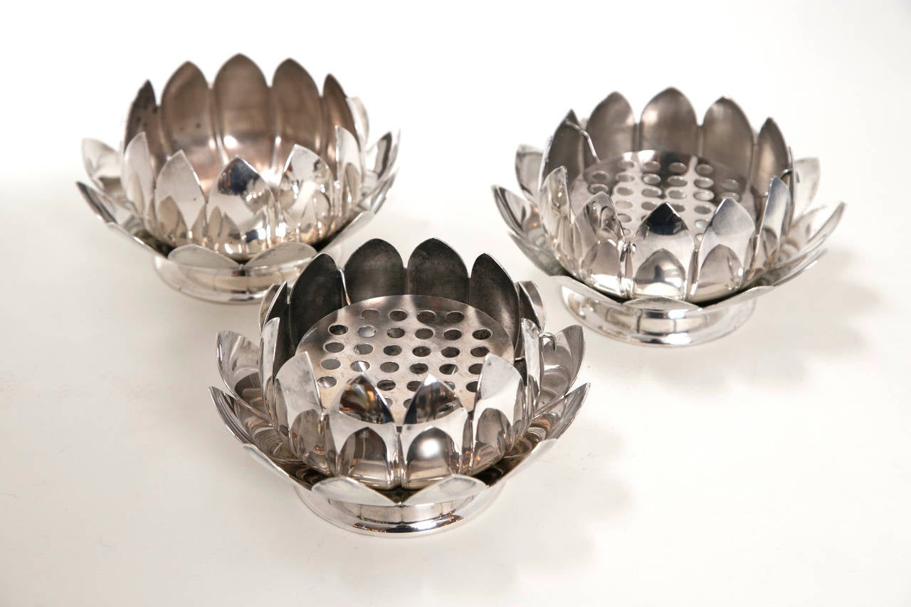 MidCentury Silver Lotus Flower Holders by Reed and Barton For Sale at