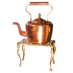 Antique English Copper Tea Pot, Ornate Brass stand