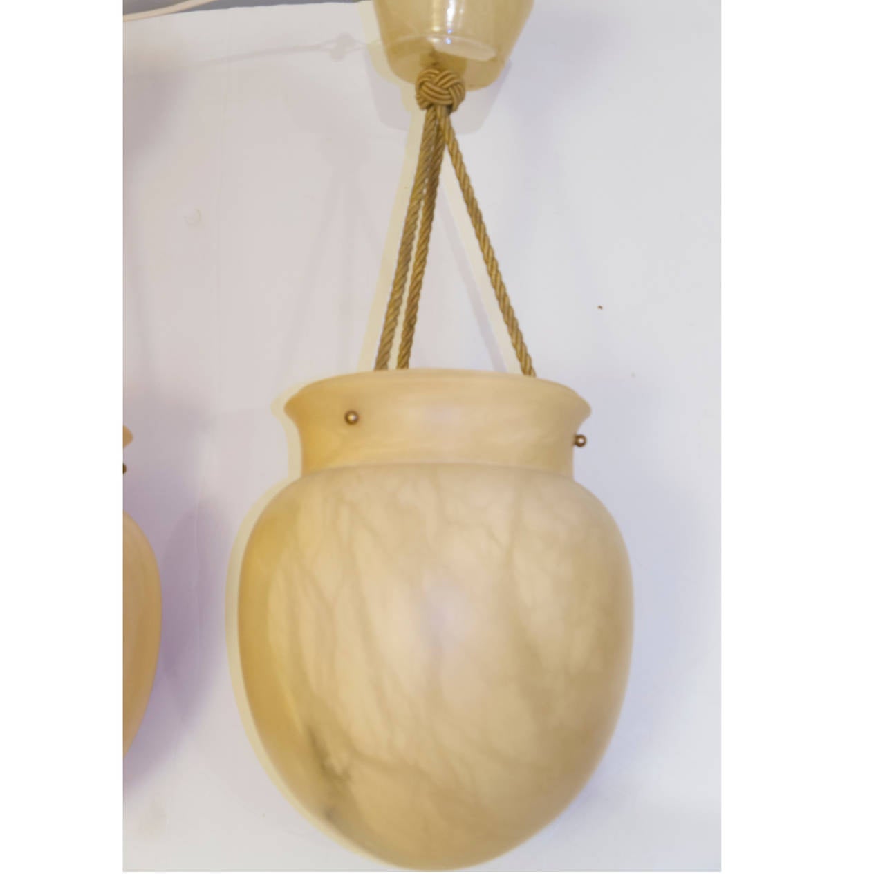 Carved Cream Jugendstil Alabaster Amphoras on Silk Ropes