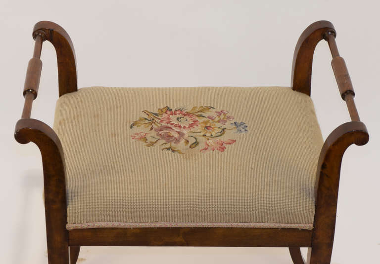 19th Century Birch Biedermeier Bench with Original Needlepoint Seat