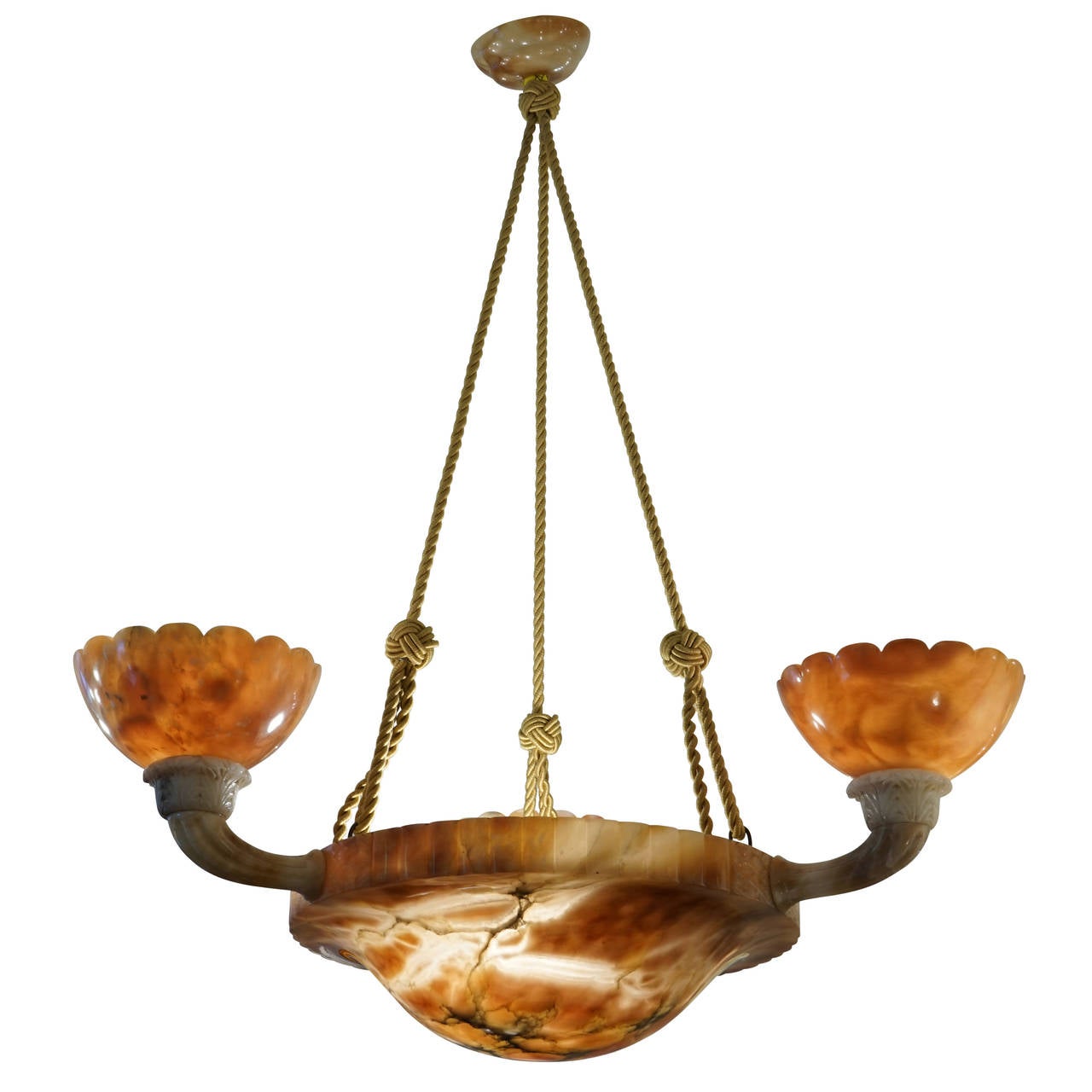 This unique fixture offers the festiveness of a chandelier contrasted with the soothing curves of a pendant. Arms, cups and bowl are all hand-carved of alabaster and hold four 60 watt incandescent bulbs or higher wattage LED bulbs.

Custom