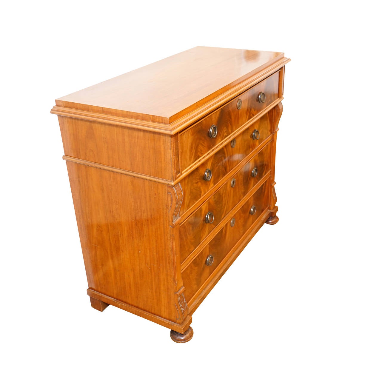 This solid mahogany and fir chest of drawers with flame mahogany veneers, is from a region of Sweden, famous for its finely crafted furniture in the last quarter of the nineteenth century.  The town was Lindome and the period was Renaissance