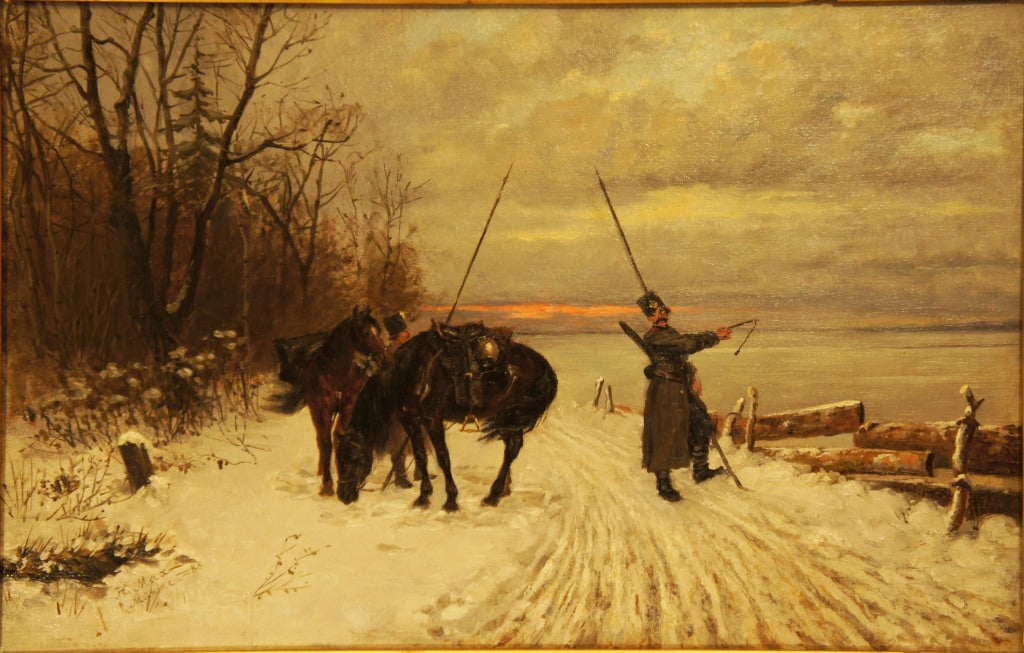 Eine Winterszene, die zwei russische Soldaten zeigt, die sich bei Sonnenuntergang mit ihren Pferden auf einer schneebedeckten, gut gespurten Straße ausruhen.