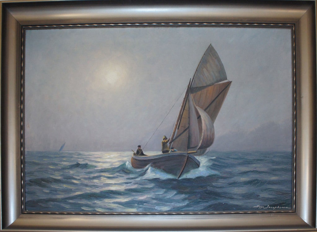 Une peinture à l'huile sur toile représentant un couple de marins profitant de la couche marine matinale de la mer du Nord, au large de la côte ouest de la Suède.