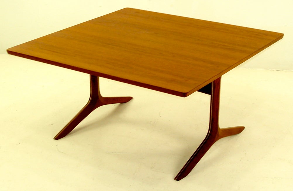 Exceptional danish modern teak coffee / side table designed by Peter for his Silver Line Series.

Square top with wood clad aluminum base.

France and Son, maker. John Stewart, importer.

Professionally restored and refinished by