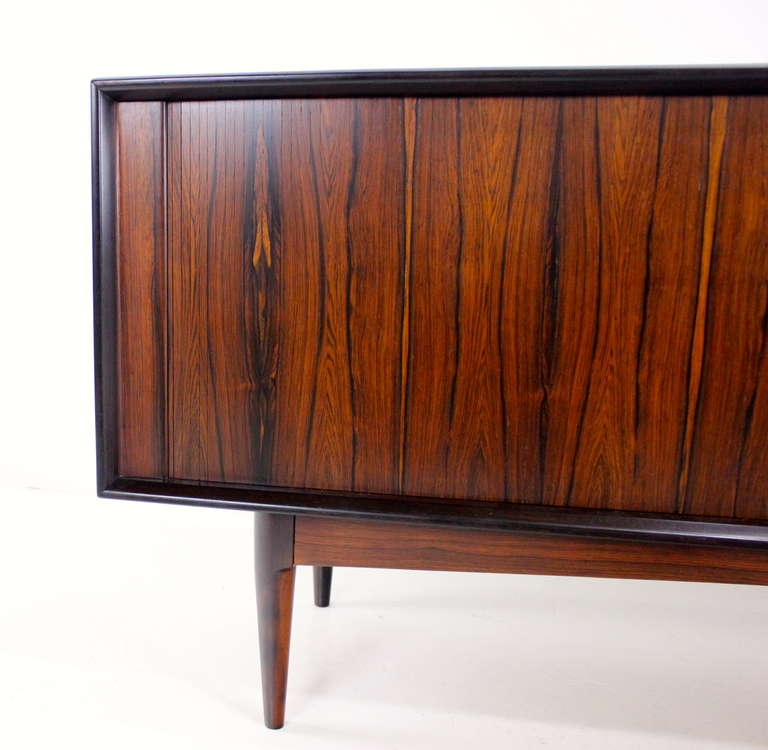 Dramatic Danish Modern Rosewood Credenza with Tambour Doors For Sale 3