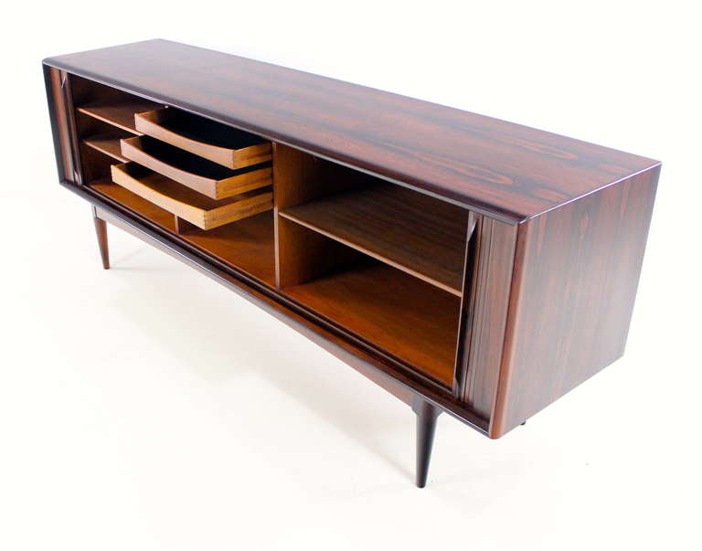 Dramatic Danish Modern Rosewood Credenza with Tambour Doors For Sale 1