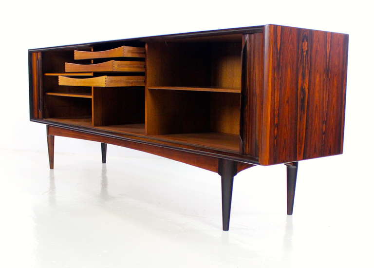 20th Century Dramatic Danish Modern Rosewood Credenza with Tambour Doors For Sale