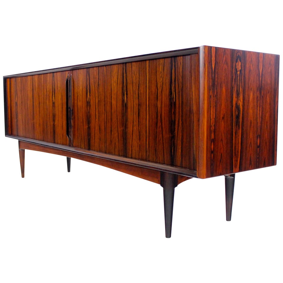 Dramatic Danish Modern Rosewood Credenza with Tambour Doors For Sale