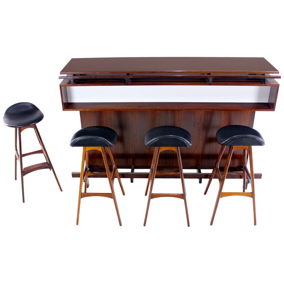 Danish Modern Rosewood Master Bar with Four Erik Buck Bar Stools For Sale