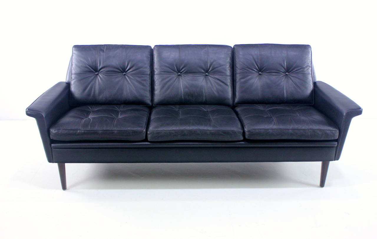 Luxe Danish Modern Black Leather Sofa In Excellent Condition For Sale In Portland, OR