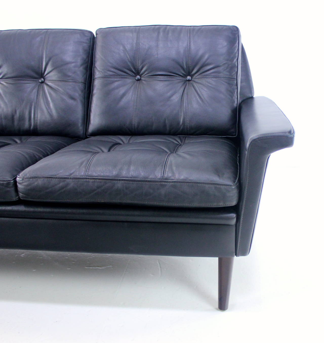 Luxe Danish Modern Black Leather Sofa For Sale 2