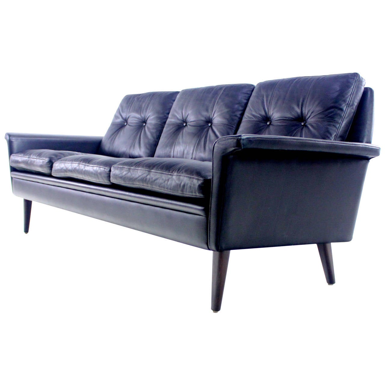 Luxe Danish Modern Black Leather Sofa For Sale