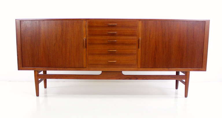Rare Danish Modern Teak Credenza with Tambour Doors Designed by Erik Worts In Excellent Condition For Sale In Portland, OR