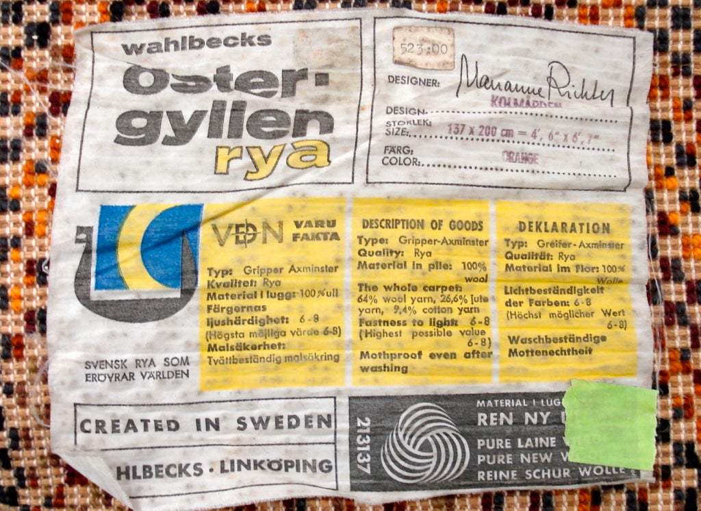 Scandinavian Modern Kolmgarden Rya Wool Rug by Oster-Gyllen For Sale