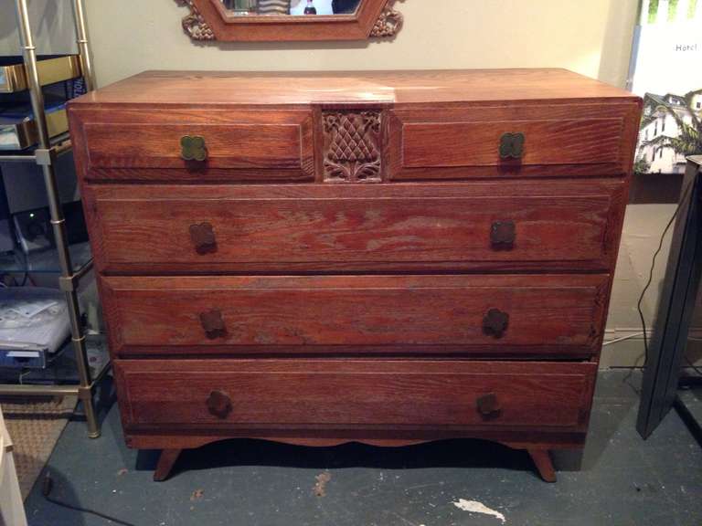 5 drawer oak dresser by Jamestown Lounge British Oak line. With beveled edged drawers and carved detailing.  In original vintage 1940's finish.  .
