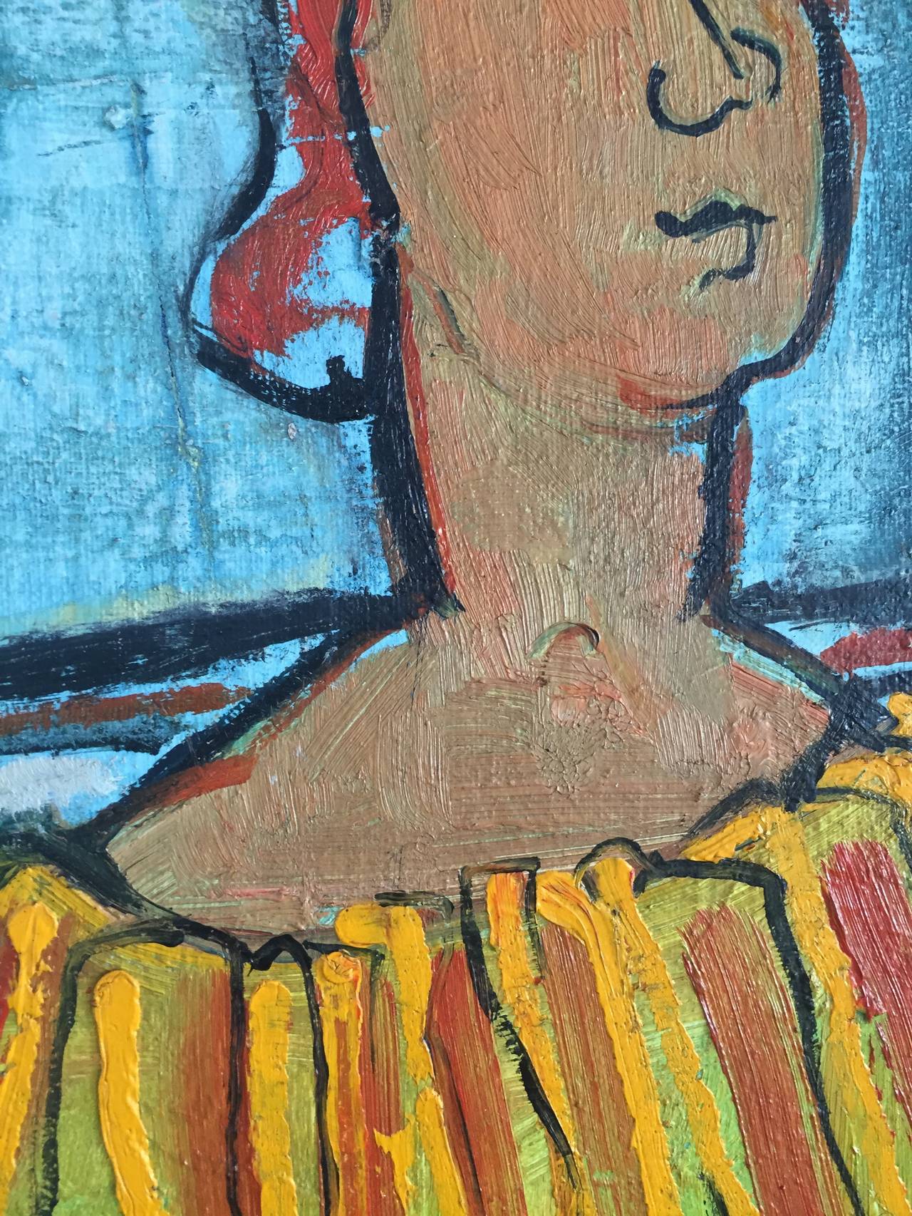 Colorful abstract portrait of a seated young girl. Oil on board.   Signed on lower right Maas '57.
