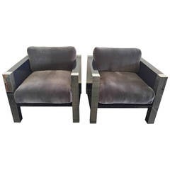 Pair of Wood and Steel Cube Club Chairs
