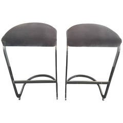Pair of Polished Steel Cantilevered Barstools