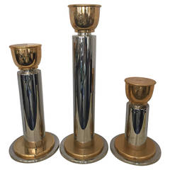 Trio of Large Brass and Chrome Candlesticks