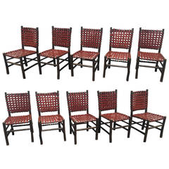 Set of Ten Old Hickory Leather and Wood Chairs