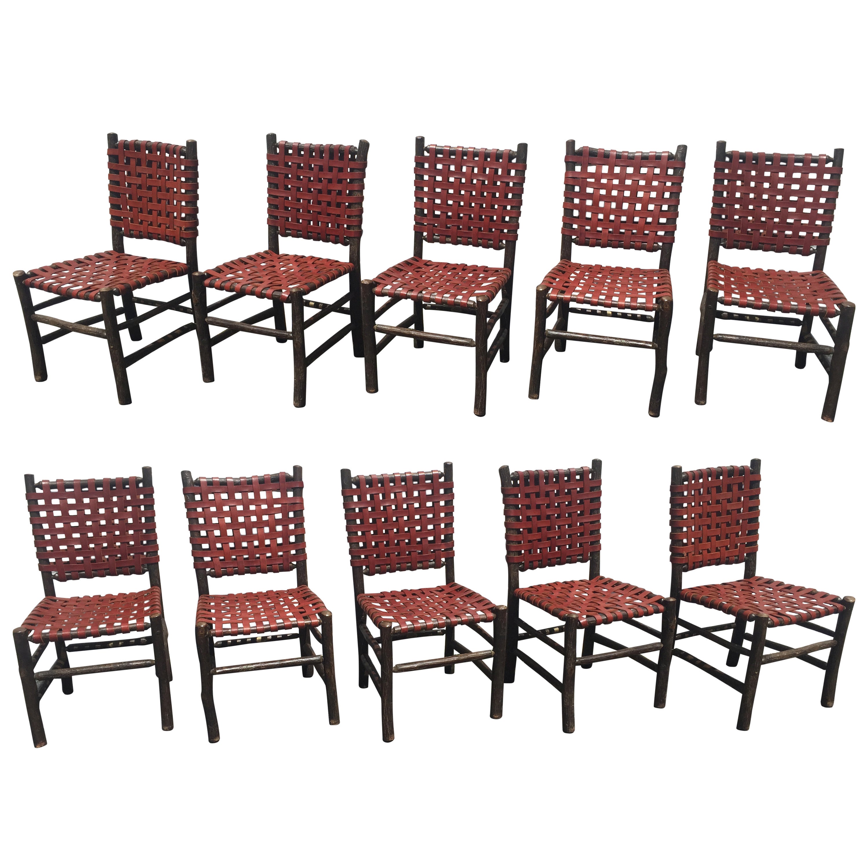 Set of Ten Old Hickory Leather and Wood Chairs