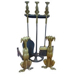 Vintage Pair Of Art Deco Dog Andirons And Fireplace Tool Set