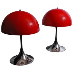 Pair of Chromed Base and Red Shade Panthella Table Light by Verner Panton