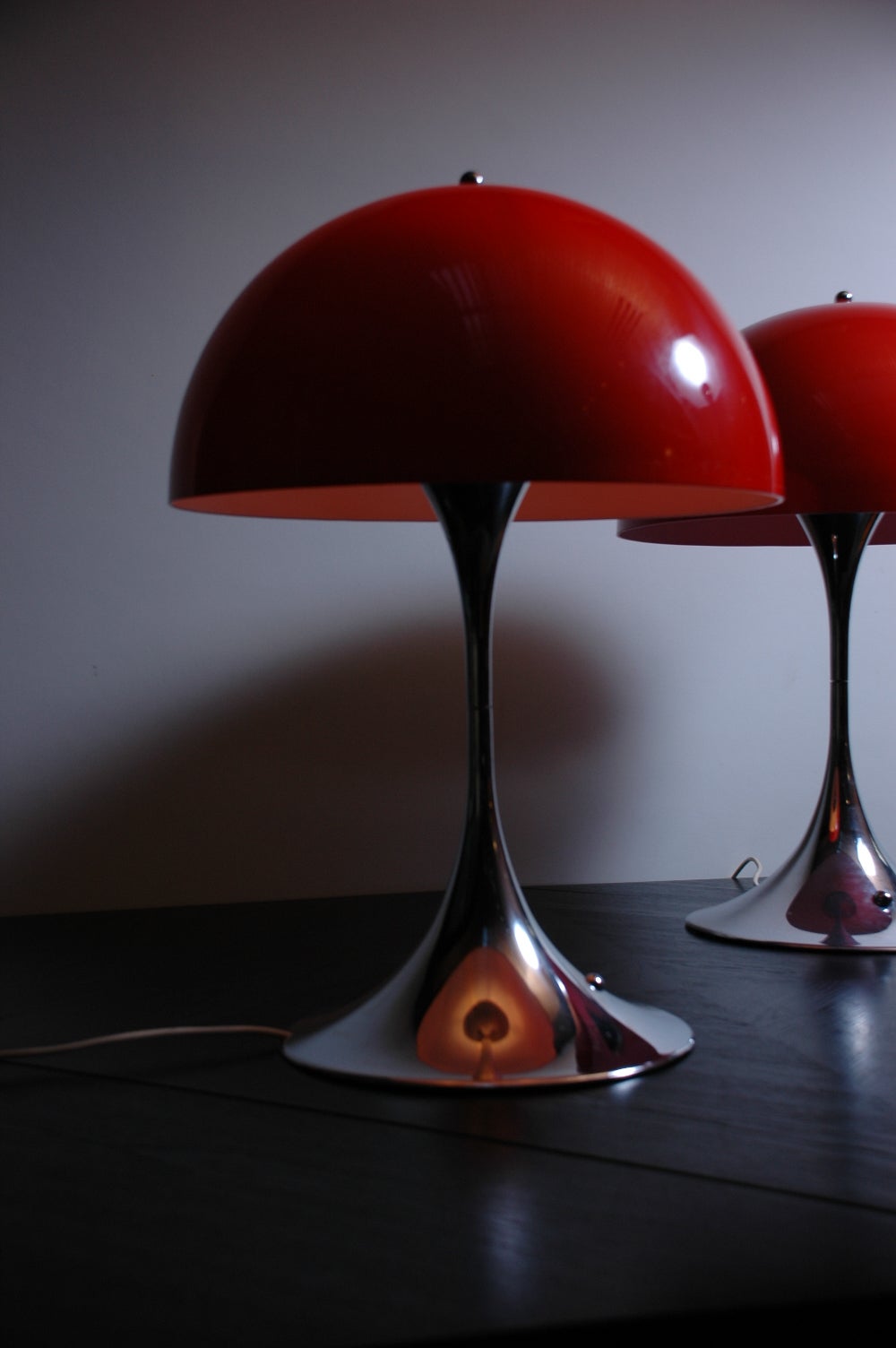 Pair of Chromed Base and Red Shade Panthella Table Light by Verner Panton In Good Condition In Amsterdam, NL
