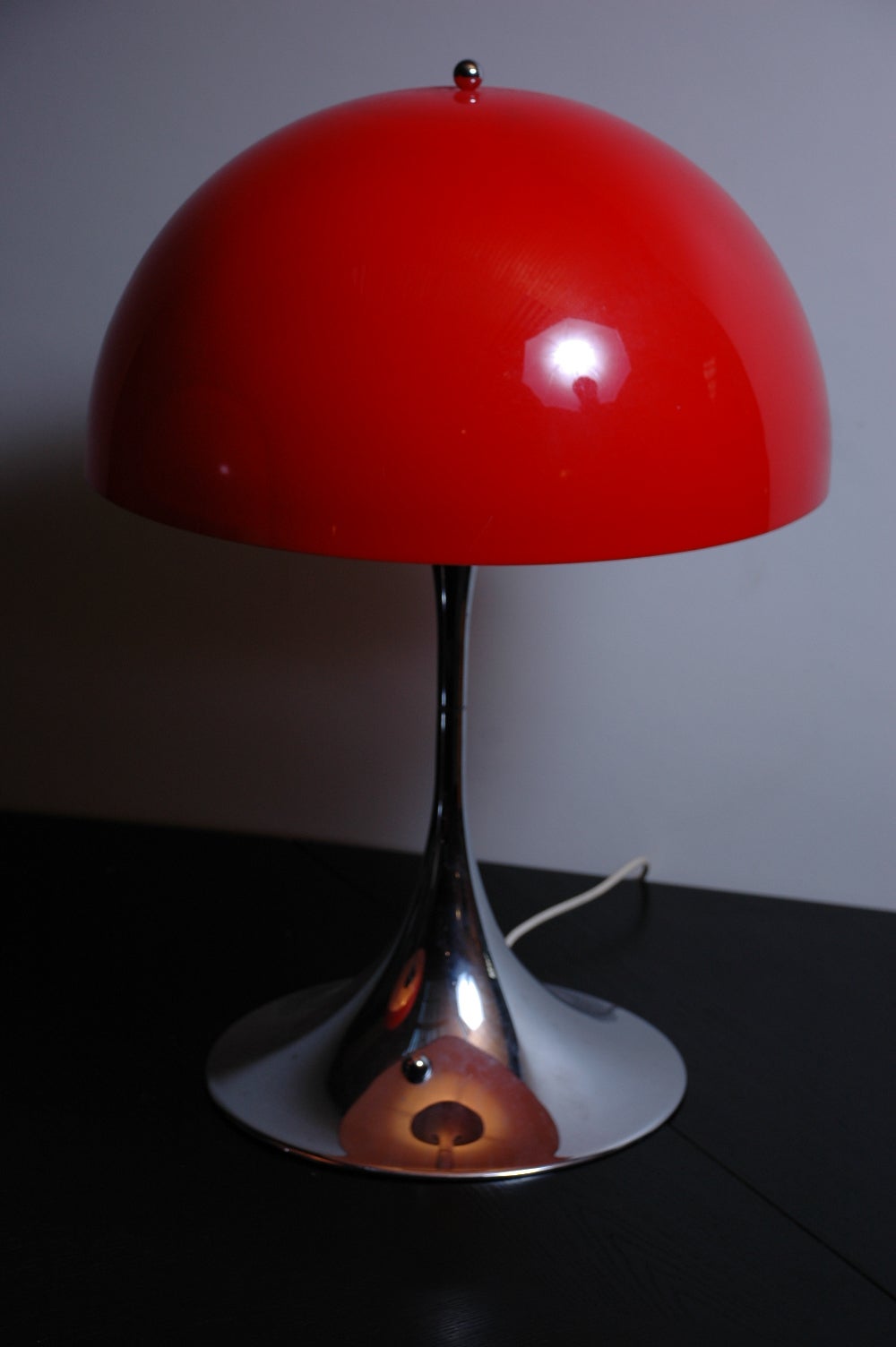 Danish Pair of Chromed Base and Red Shade Panthella Table Light by Verner Panton