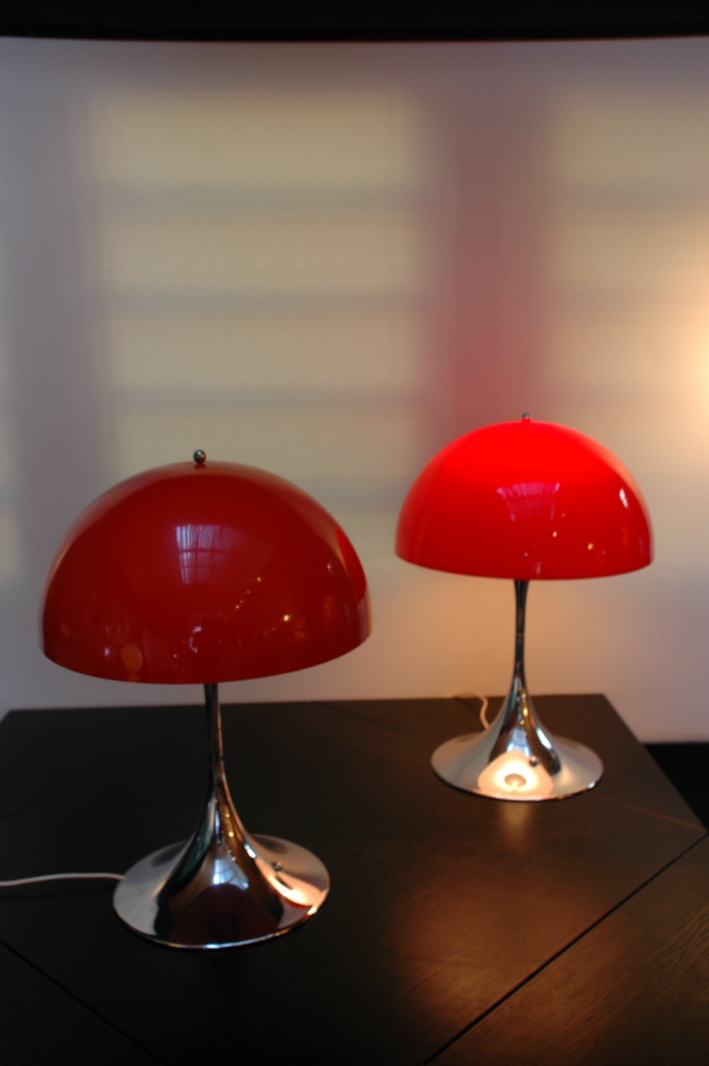 Mid-Century Modern Pair of Chromed Base and Red Shade Panthella Table Light by Verner Panton