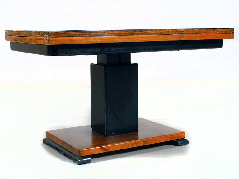 Otto Wretling (1901 - 1986 ), Umeå, Ideal Table, patent from 1936.
This is one id marked with date 22 june 1937 !
Stylized decoration.
Birch, rosewood and blackened wood.
Height adjustable, with fold-out leaves. 
Can be used as a salon/coffee 