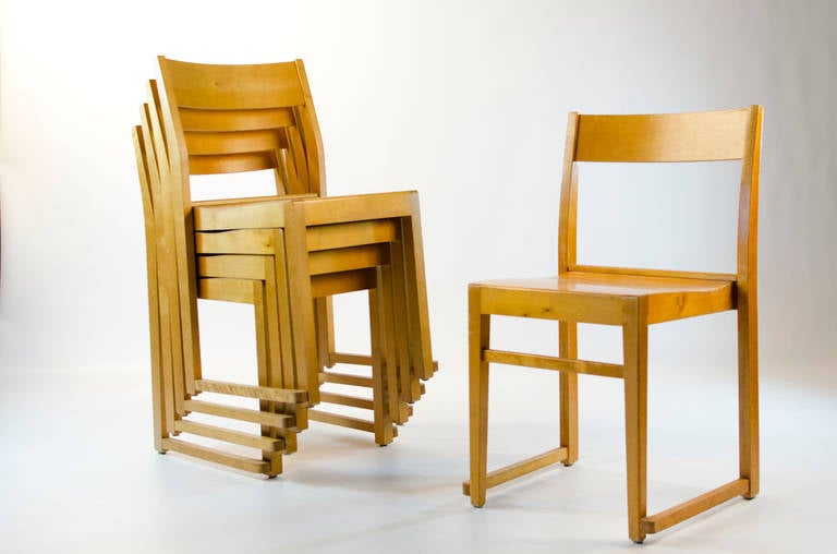 Stacking chairs designed by the Swedish architect Sven Markelius for the Helsingborg Theater in 1932.
Lightweight chairs.

In total 14 chairs available.