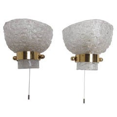 Textured Ice Crystal Glass & Brass Wall Sconces by Kaiser Germany 1960's 8