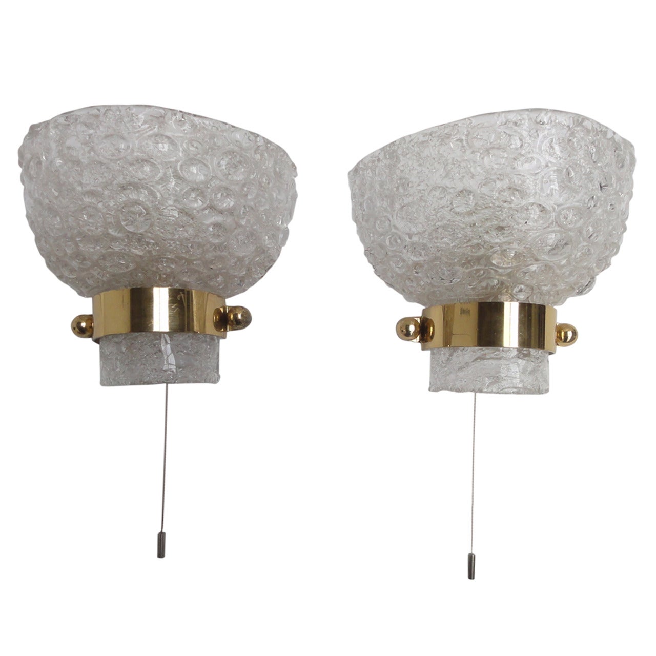 Textured Ice Crystal Glass & Brass Wall Sconces by Kaiser Germany 1960's For Sale