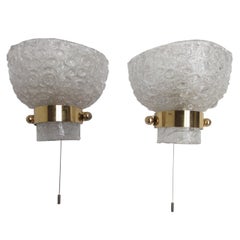 Textured Ice Crystal Glass & Brass Wall Sconces by Kaiser Germany 1960's