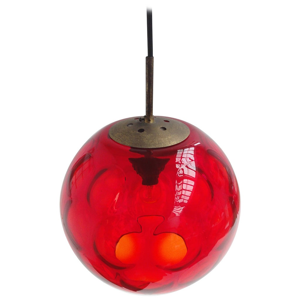 Red Facetted Crystal Glass & Brass Pendant by Carl Fagerlund for Orrefors For Sale