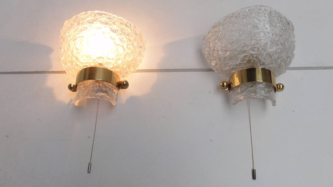 Mid-20th Century Textured Ice Crystal Glass & Brass Wall Sconces by Kaiser Germany 1960's For Sale